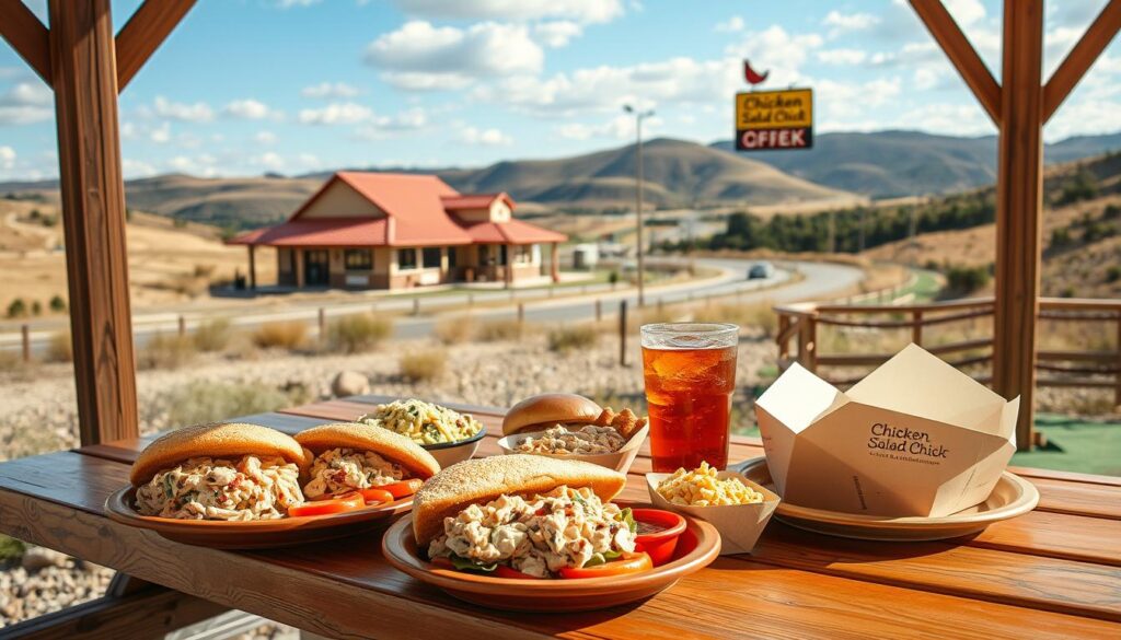 Chicken Salad Chick locations and travel meals, showcasing a vibrant array of delicious chicken salad options and cozy eateries scattered across the landscape. In the foreground, a wooden picnic table laden with a tempting selection of chicken salad sandwiches, sides, and a refreshing iced tea. In the middle ground, the welcoming exterior of a Chicken Salad Chick restaurant, with its distinctive branding and inviting atmosphere. In the background, a scenic highway winding through rolling hills, hinting at the chain's widespread presence and the joy of discovering new Chicken Salad Chick locations during travels. Photographed in warm, natural lighting with a soft, nostalgic lens, conveying the comforting and satisfying experience of enjoying Chicken Salad Chick's offerings. Brought to you by cohesiverecipes.