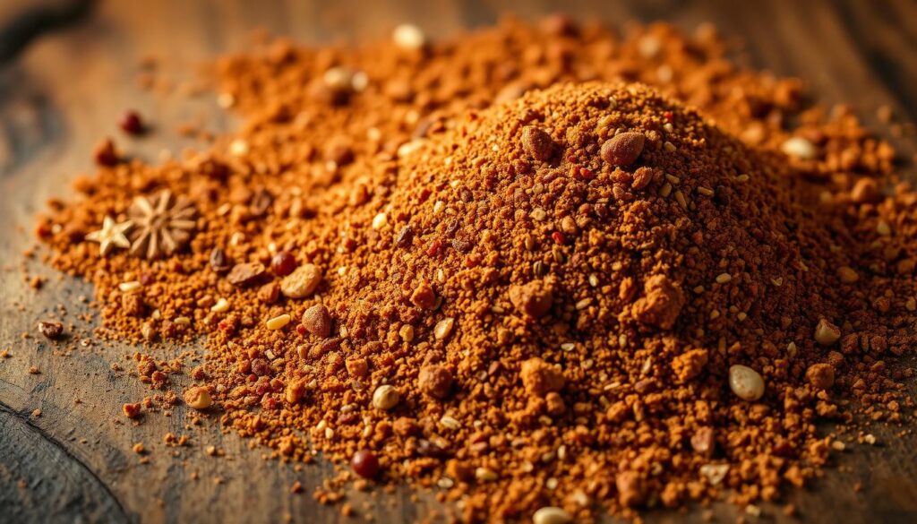 Closeup of a cohesiverecipes BBQ chicken dry rub, composed of an artful arrangement of various spices and seasoning blends. The rub is spread out on a rustic wooden surface, with warm, earthy tones and lighting that evokes the ambiance of an authentic backyard barbecue. Subtle shadows and highlights accentuate the texture and depth of the dry rub mixture, drawing the viewer's attention to the rich, flavorful blend of paprika, garlic, brown sugar, cumin, and other complementary spices. The overall composition conveys the enticing aromas and anticipation of mouthwatering, flavor-packed BBQ chicken.