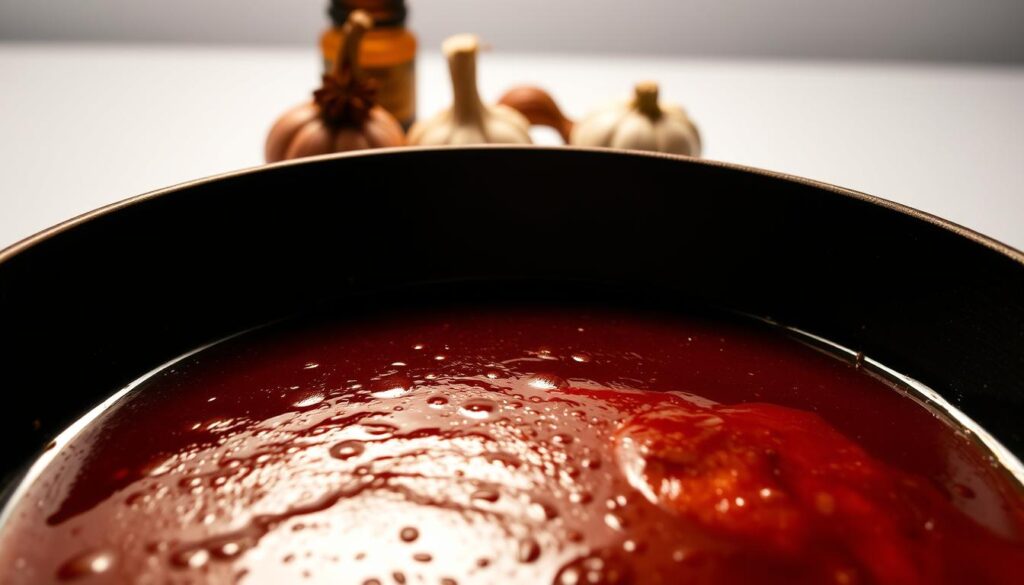 Cohesive Recipes: A sophisticated, high-contrast image showcasing the art of sauce reduction for oxtail. In the foreground, a glossy, deep-brown oxtail reduction simmers gently in a heavy-bottomed pan, its surface reflecting the warm, amber lighting above. In the middle ground, a collection of essential ingredients - aromatic garlic, onions, herbs, and spices - are artfully arranged, hinting at the complex flavors that have been coaxed from the oxtail. The background is a clean, minimalist setting, allowing the focus to remain on the reduction process. The overall mood is one of culinary mastery, inviting the viewer to imagine the rich, unctuous sauce that will soon coat the tender oxtail meat.