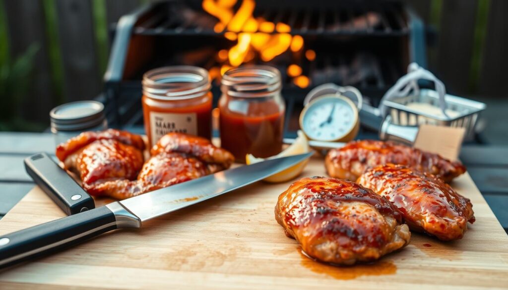 Cohesiverecipes - A close-up view of a cutting board with various BBQ chicken mistakes prevention items. In the foreground, a sharp chef's knife, a meat thermometer, and a basting brush are arranged neatly. The middle ground features marinated chicken thighs, a jar of BBQ sauce, and a lemon wedge. In the background, a charcoal grill with glowing embers sets the scene for a backyard BBQ. The lighting is warm and natural, casting a golden glow over the composition. The overall mood is one of culinary preparation and attention to detail, conveying the importance of avoiding common BBQ mistakes.