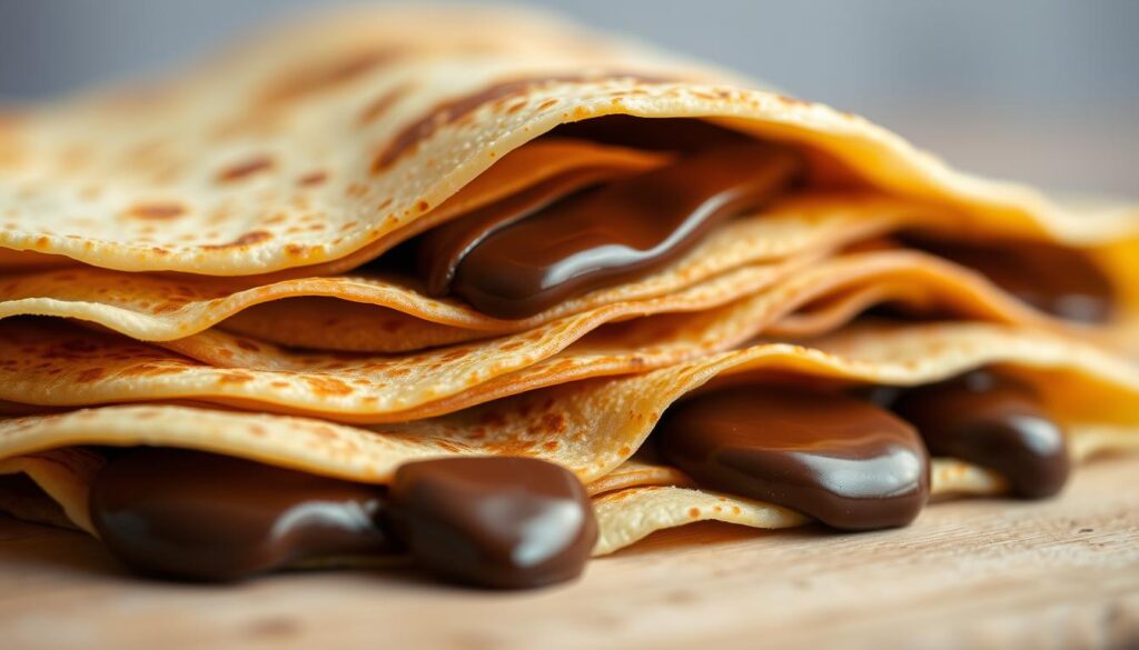 Cohesiverecipes: A delicate stack of handcrafted crêpes, their golden-brown surfaces glistening under soft, even lighting. The crêpes are carefully arranged, showcasing their delicate, paper-thin texture. In the foreground, a rich, gooey chocolate filling oozes out, inviting the viewer to indulge. The middle ground reveals the crêpes' tender, supple nature, while the background blurs softly, creating a sense of focus and emphasis on the artisanal craftsmanship. The image exudes a cozy, artisanal atmosphere, perfectly capturing the essence of "Mastering the Crêpe Base" for the gourmet article.