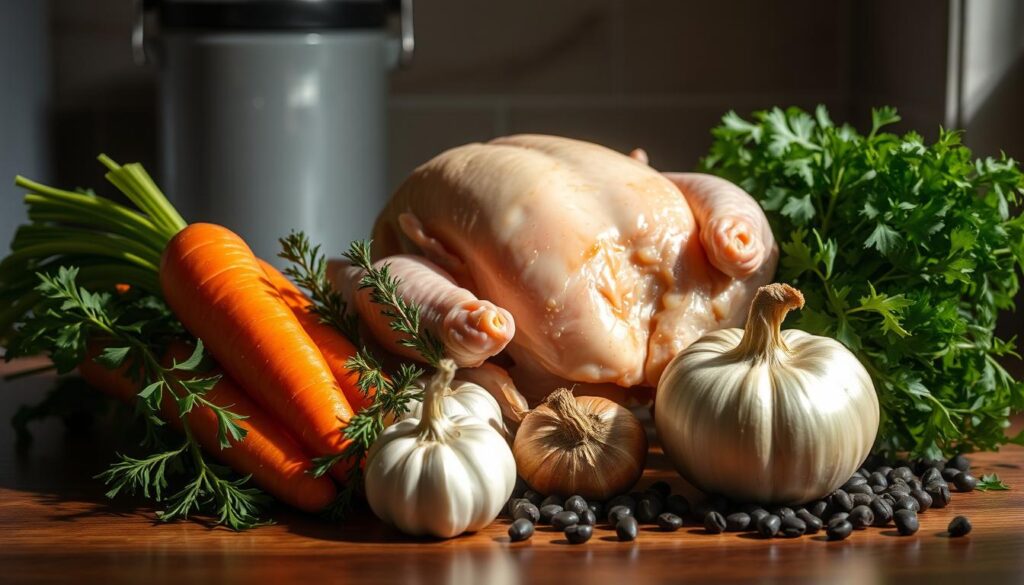 Cohesiverecipes - A dimly lit kitchen counter showcases an array of fresh ingredients for a simmering chicken broth: whole chicken, carrot, celery, onion, garlic, thyme, bay leaves, and peppercorns. Soft natural lighting illuminates the rich colors and textures, evoking the comforting aroma of a homemade broth. The arrangement creates a sense of culinary anticipation, ready to be transformed into a nourishing base for a warming chicken and dumplings dish.