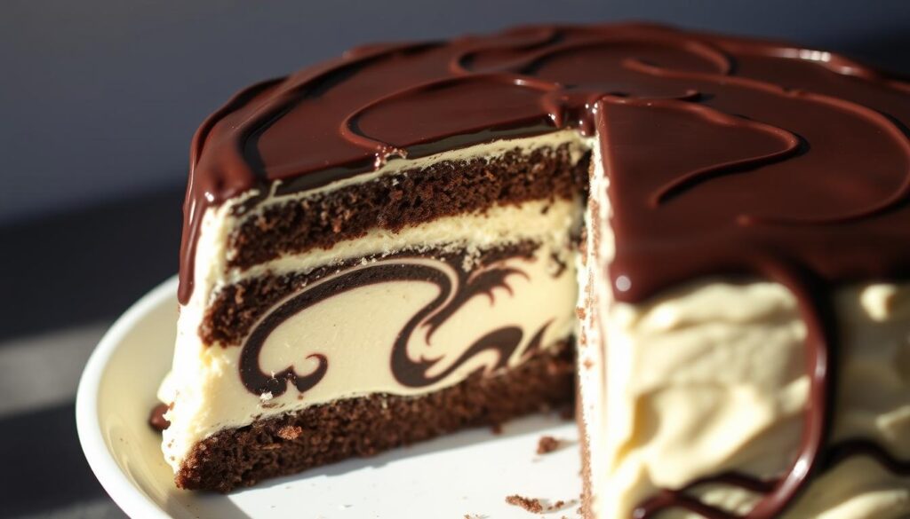 Cohesiverecipes: Freezing dairy queen ice cream cake, the perfect treat for preserving and savoring the delectable flavors. A tall, layered confection with rich chocolate cake, smooth vanilla ice cream, and a glossy chocolate ganache topping. The cake is beautifully lit from the side, casting long shadows and highlighting the creamy texture. Captured in a close-up view, the slice reveals the intricate cross-section details - the distinct layers, the sharp edges, and the enticing swirls of chocolate. The overall mood is one of cool, indulgent satisfaction, inviting the viewer to imagine the satisfying experience of enjoying this frozen dessert.