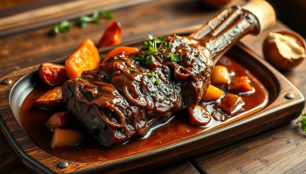 Cohesiverecipes: Mouthwatering braised oxtail dish on a rustic wooden table, with tender meat falling off the bone, accompanied by rich, flavorful sauce, roasted vegetables, and fresh herbs. Warm lighting casts a cozy glow, inviting the viewer to savor the delicious aroma. The scene is captured in a close-up, high-resolution photograph, highlighting the textures and colors of the dish in vivid detail.