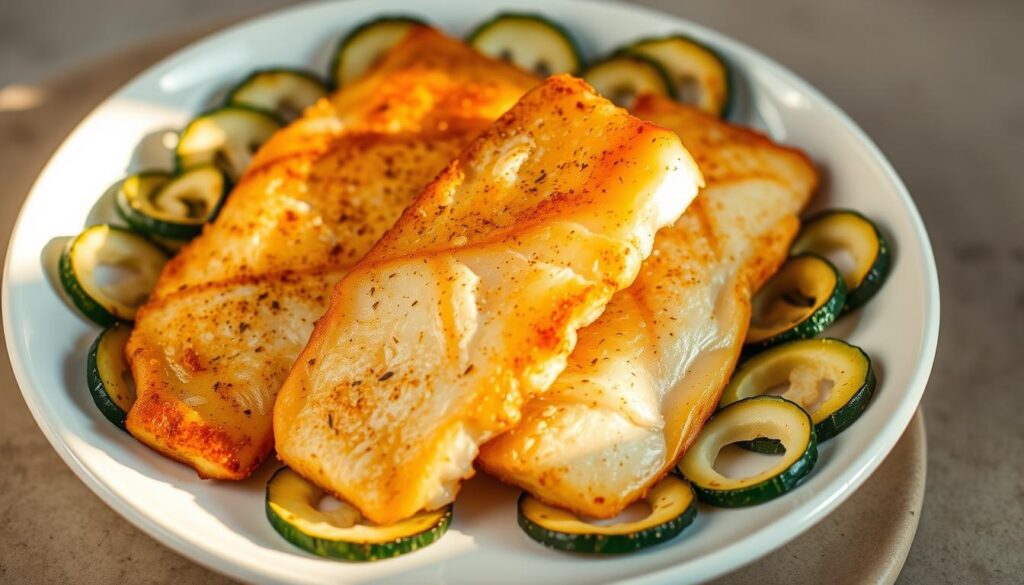 Crisp, golden-brown air fryer fish fillets with fresh zucchini chips arranged on a white ceramic plate. The fish has a delicate, flaky texture and a subtle seasoning blend. The zucchini chips are sliced thin, crispy, and scattered around the plate, adding a vibrant pop of green. Soft, warm lighting from the side casts a natural glow, highlighting the textures and colors. The overall scene conveys a sense of wholesome, homemade comfort. COHESIVERECIPES