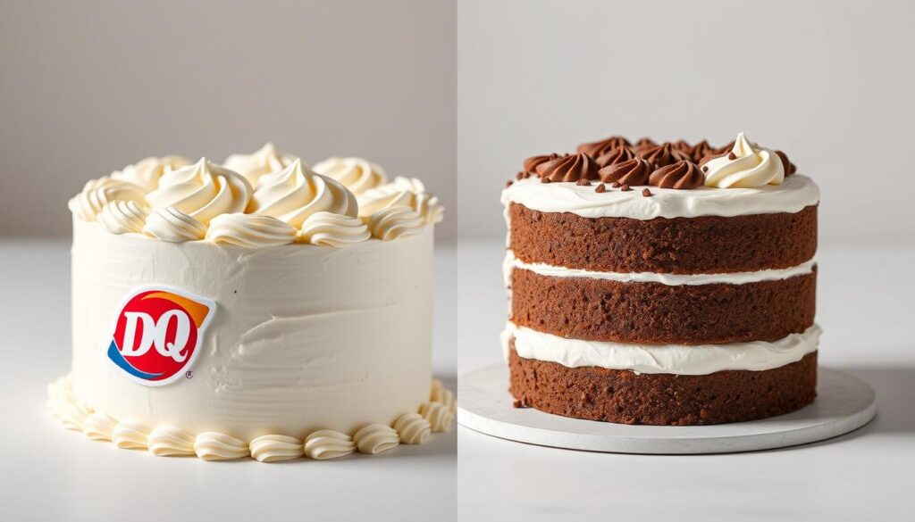 Dairy Queen ice cream cakes in a side-by-side comparison, showcasing the contrast between the store-bought and a homemade alternative. Crisp, evenly lit studio shot with a shallow depth of field, highlighting the smooth, creamy texture and intricate layers of the cakes. The DQ cake features its iconic decorative swirls, while the homemade version displays a simple, rustic aesthetic. Both cakes are presented on a clean, neutral backdrop, allowing the delectable desserts to take center stage. The mood is one of indulgence and the desire to satisfy a sweet craving. Crafted by cohesiverecipes.