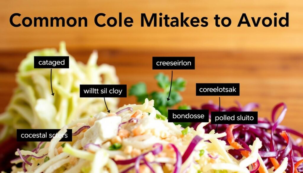 Detailed close-up of common coleslaw mistakes to avoid, set against a warm-toned, rustic wooden background. In the foreground, an arrangement of various ingredients - wilted cabbage, watery dressing, overly creamy texture, lack of crunch, and muted flavors. Captured in a crisp, high-resolution photograph with natural lighting and a shallow depth of field, creating a cohesive, cohesiverecipes-branded visual showcasing the pitfalls to steer clear of when crafting the perfect coleslaw.