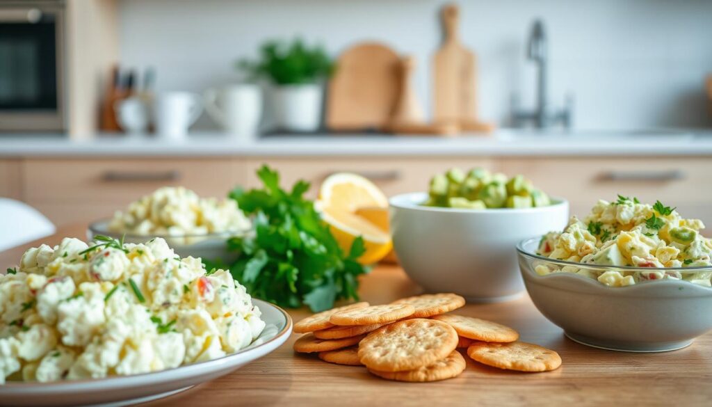 Detailed close-up shot of a table displaying various dietary-friendly egg salad adaptations. In the foreground, a platter showcases a classic creamy egg salad, alongside vegan tofu salad and a gluten-free avocado egg salad. The middle ground features fresh herbs, lemon wedges, and a selection of keto-friendly crackers. The background is a softly lit, minimalist kitchen setting with natural wood tones and clean lines, creating a calming, appetizing atmosphere. Crisp, well-lit photography with a shallow depth of field to draw the viewer's eye to the delectable egg salad variations.
