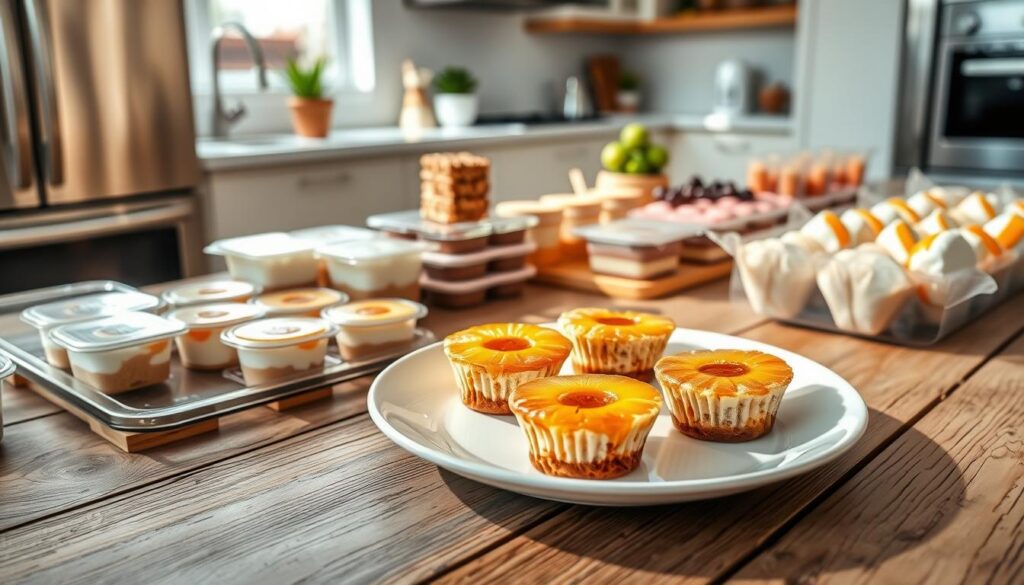 Freezer-friendly desserts laid out on a rustic wooden table, illuminated by soft, natural lighting. In the foreground, a plate showcases bite-sized COHESIVERECIPES mini pineapple upside-down cheesecakes, their golden-brown tops and caramelized pineapple slices glistening. In the middle ground, a variety of desserts are neatly arranged, including individually wrapped portions of frozen puddings, ice cream sandwiches, and popsicles. The background features a minimalist kitchen scene, with stainless steel appliances and a few plants adding a touch of freshness. The overall mood is one of simplicity, convenience, and the promise of delightful, make-ahead treats.