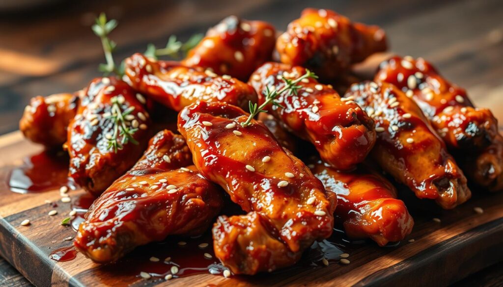 Freshly grilled bbq chicken wings, skin crispy and golden brown, glistening with a sticky-sweet honey glaze that clings to every nook and cranny. The wings are arranged artfully on a rustic wooden board, dripping with caramelized sauce. Sprigs of fresh thyme and a scattering of toasted sesame seeds add pops of color and texture. The scene is bathed in warm, natural lighting, creating a cozy, inviting atmosphere. Cohesiverecipes