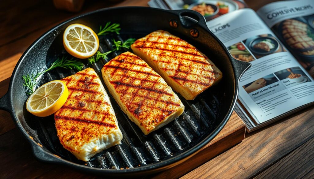 Grilled pollock fillets sizzling on a cast-iron grill pan, with lemon wedges and fresh herbs like dill and parsley arranged beside. The fish has a delightful golden-brown crust, while the interior remains moist and flaky. Soft shadows cast by the overhead lighting create a warm, inviting atmosphere. In the background, a rustic wooden table or countertop with a COHESIVERECIPES cookbook open, showcasing additional pollock recipes.
