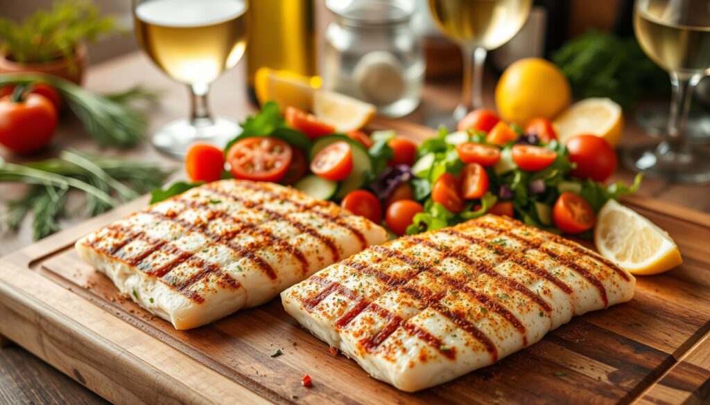 Heart-healthy pollock recipes on a rustic wooden cutting board, with fresh vegetables, herbs, and spices. Warm golden lighting creates a cozy, inviting atmosphere. In the foreground, grilled pollock fillets seasoned with a blend of heart-healthy spices like paprika, garlic, and lemon. In the middle ground, a vibrant salad of mixed greens, cherry tomatoes, and cucumber, drizzled with a light, tangy dressing. In the background, various prep ingredients such as fresh dill, lemon wedges, and a glass of white wine, all arranged artfully. COHESIVERECIPES