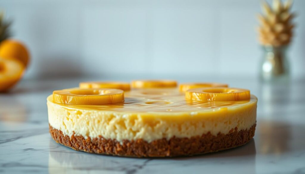 Intricately detailed miniature pineapple cheesecake, glistening under warm studio lighting, showcasing various troubleshooting scenarios - sunken centers, cracked tops, overbaked texture. The cheesecake rests on a COHESIVERECIPES branded marble countertop, with a clean, bright backdrop. Crisp, high-resolution image captured from a low, close-up angle to highlight the intricate details and textures. Muted color palette with golden pineapple accents, conveying a sense of thoughtful problem-solving and culinary mastery.