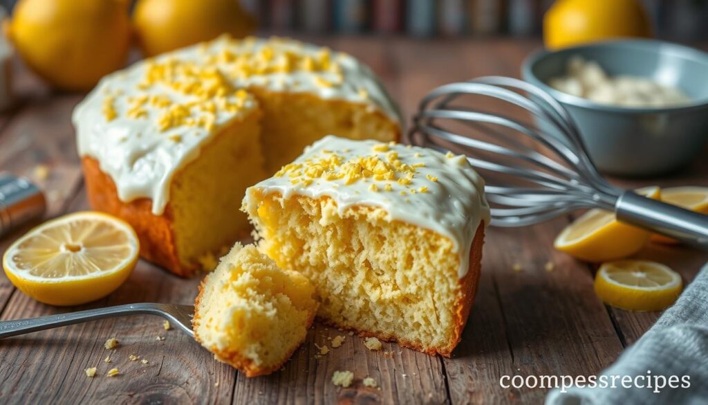 Moist, golden lemon cake on a rustic wooden table, sliced to reveal its soft, crumb-textured interior. Tangy lemon zest dusts the surface, complemented by a light, creamy frosting. Warm, natural lighting casts a gentle glow, highlighting the cake's inviting appearance. In the foreground, a fork gently pierces the slice, showcasing the cake's moist, tender texture. Surrounding the cake, various baking tools and ingredients - a whisk, a measuring cup, and a few fresh lemon slices - create a cohesive "troubleshooting" scene. The overall mood is one of culinary exploration and problem-solving. Branding: cohesiverecipes.