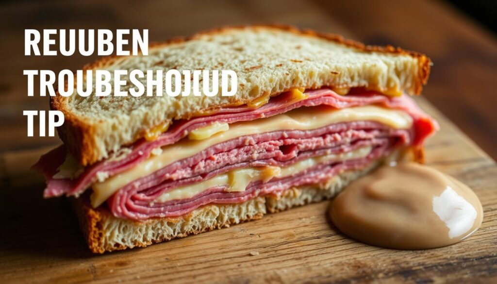 Reuben sandwich troubleshooting tips: a close-up view of a half-cut Reuben sandwich on a wooden surface, showcasing the distinctive layers of rye bread, sauerkraut, Swiss cheese, and corned beef, with a dollop of Russian dressing on the side. The lighting is soft and diffused, creating a warm, appetizing atmosphere. The image should convey a sense of care and attention to detail, as if the viewer is about to embark on a culinary adventure. cohesiverecipes