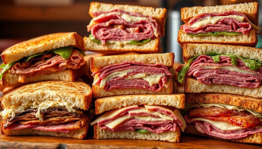 Savory regional reuben sandwiches, arranged in a visually compelling composition. A selection of reuben styles from across the United States, showcasing diverse flavors and textures. Pastrami, sauerkraut, and swiss cheese piled high on toasted rye bread, captured in a rustic, diner-inspired setting. Soft, warm lighting illuminates the scene, creating an inviting and appetizing atmosphere. The image should convey the rich diversity of reuben interpretations, inspiring the viewer to explore new and unique regional variations. cohesiverecipes