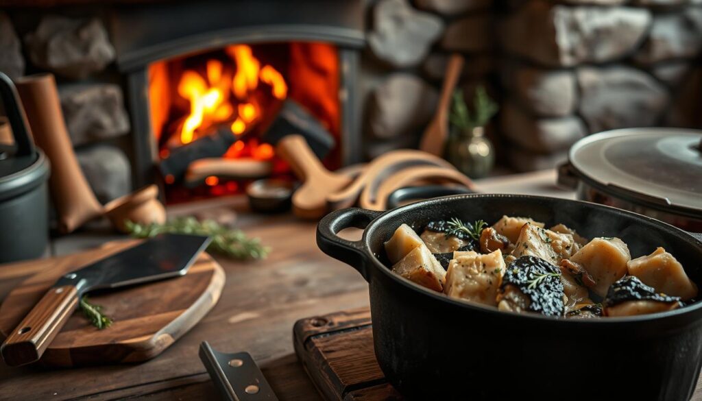 Slow-cooking methods for preparing wild game, showcased in a rustic kitchen setting. In the foreground, a cast-iron Dutch oven simmers with tender chunks of bighorn sheep, savory herbs, and aromatic vegetables. The middle ground features an array of cooking tools - a meat cleaver, a wooden spoon, and a well-worn cutting board. In the background, a stone fireplace crackles, casting a warm, natural glow over the scene. The lighting is soft and diffused, creating a cozy, homely atmosphere. The lens captures the scene from a slightly elevated angle, emphasizing the textures and details of the culinary process. An image that evokes the essence of slow, traditional cooking methods for wild game.