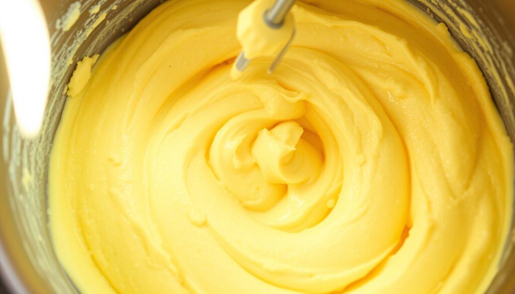 Sponge cake batter for tropical dessert: a lush, golden-yellow mixture gently swirling in a large mixing bowl. Soft, airy peaks of whipped eggs and sugar create a light, fluffy texture. Ripe tropical fruits like mango, pineapple, and coconut are folded in, adding bursts of vibrant color and tantalizing flavors. Soft natural lighting illuminates the scene, casting a warm glow. COHESIVERECIPES