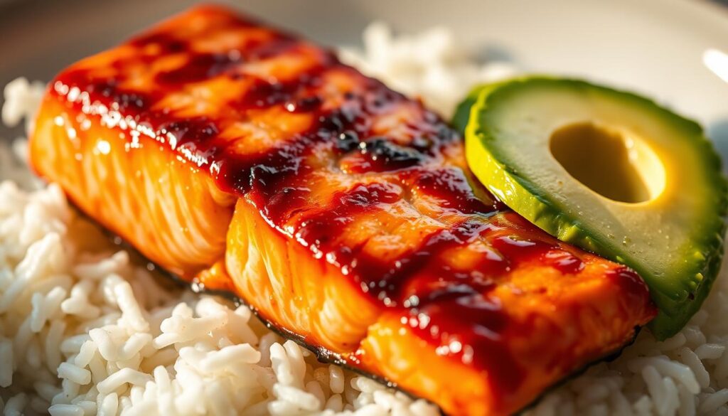Teriyaki Salmon Avocado Rice Stack