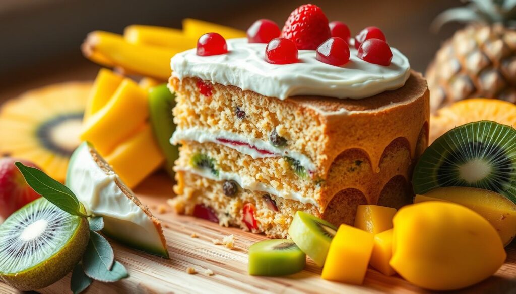 Tropical fruit cake troubleshooting: A mouthwatering, lush close-up of a freshly sliced tropical fruit cake, showcasing its vibrant colors and intricate layers. The cake is surrounded by an assortment of tropical fruits, including mango, pineapple, and kiwi, arranged artfully on a wooden cutting board. Soft, natural lighting illuminates the scene, creating a warm, inviting atmosphere. The focus is on the cake's texture, with details of its crumb structure and delicate frosting visible. This COHESIVERECIPES image aims to guide the viewer through common issues that may arise when baking this delightful dessert.