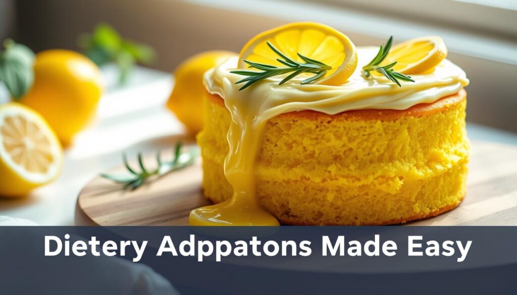 Vegan lemon cake with vibrant yellow sponge, oozing with creamy lemon frosting, garnished with fresh lemon slices and rosemary sprigs. The cake sits on a cohesiverecipes wooden board, bathed in warm, natural lighting, with a soft, blurred background highlighting the delectable dessert. The overall scene exudes a homemade, inviting atmosphere, perfect for the "Dietary Adaptations Made Easy" section of the article.