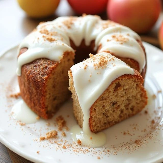 Moist slice of cinnamon apple cake showcasing layers of spiced apples and tender crumb."