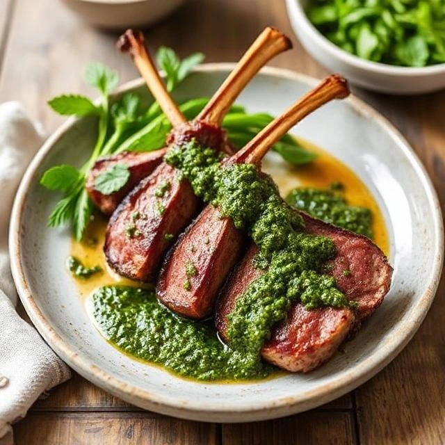 “Chef hands blending vibrant green mint-basil pesto in a food processor with pine nuts and garlic.”