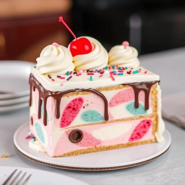 "Layered DQ ice cream cake with chocolate and vanilla soft serve, fudge center, and whipped cream frosting on a festive plate."