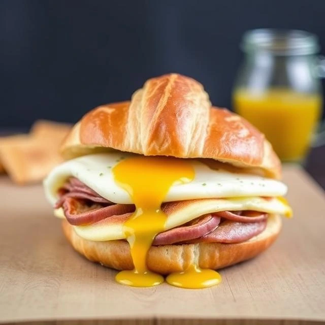 "Flaky croissant breakfast sandwich layered with bacon, eggs, cheese, and maple-mustard sauce."