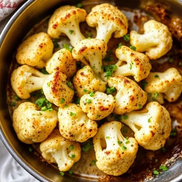 "Thick-cut cauliflower steaks roasted with garlic and herbs, garnished with fresh parsley on a rustic wooden platter."