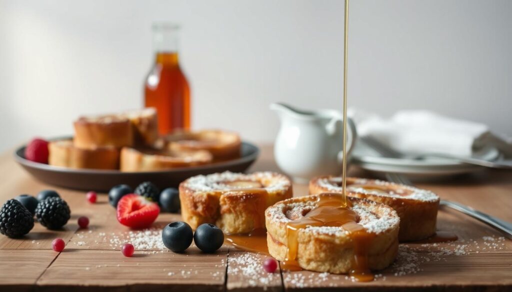 cohesiverecipes A delicately arranged brunch scene on a rustic wooden table. In the foreground, slices of lightly golden-brown cinnamon roll French toast bites, drizzled with a glistening maple syrup glaze and dusted with a light sprinkling of powdered sugar. Surrounding the bites, a scattering of fresh berries, a small jug of warm maple syrup, and a set of classic breakfast cutlery. The middle ground features a soft, diffused light, casting a warm, cozy ambiance across the scene. In the background, a simple, minimalist backdrop, allowing the delectable brunch dish to be the center of attention.