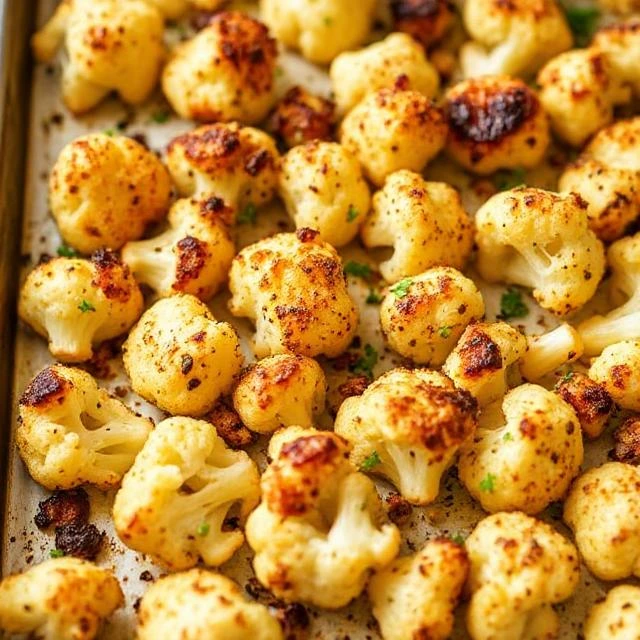 "Golden-brown roasted cauliflower florets seasoned with paprika and parsley on a parchment-lined baking sheet."