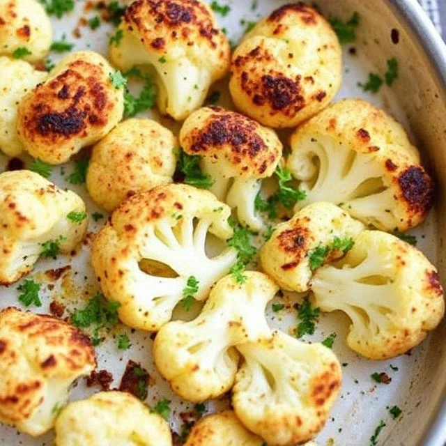 "Healthy baked cauliflower bowl with roasted chickpeas, avocado, and tahini drizzle for a complete plant-based meal."