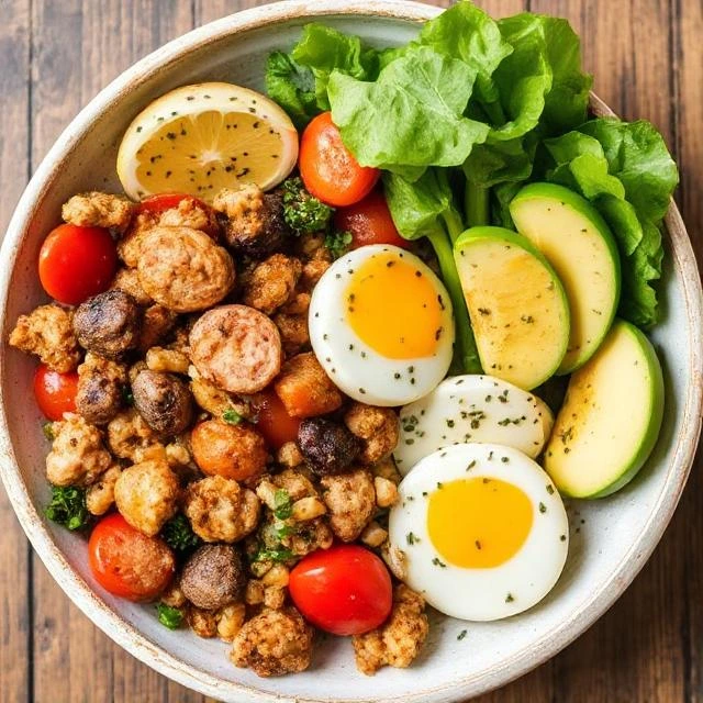 "Meal prep containers with portioned keto lunches like salmon avocado bowls and egg roll in a bowl."