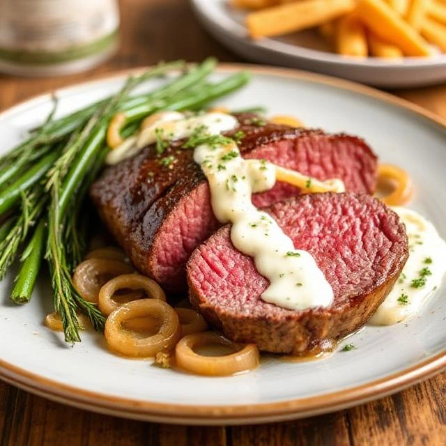 Sliced roasted beef tenderloin topped with creamy horseradish sauce and caramelized French onions.
