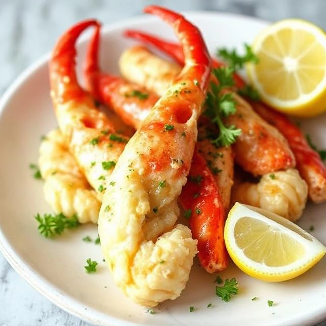 "Succulent garlic butter crab legs drizzled in golden sauce, garnished with lemon wedges and parsley, served on a rustic wooden platter."