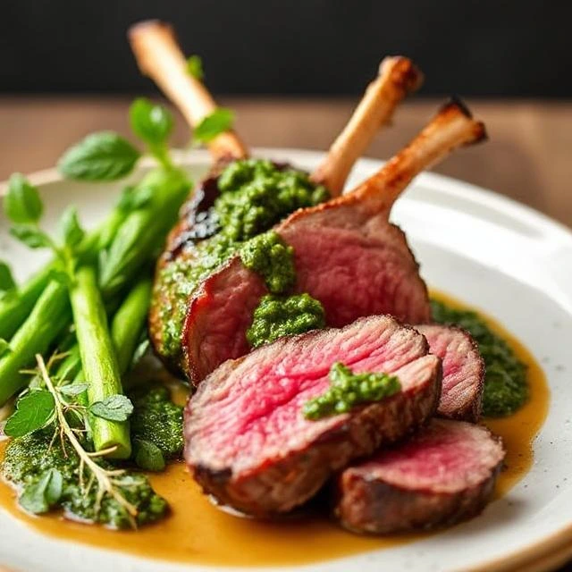 “Perfectly seared rack of lamb with fresh mint-basil pesto drizzled over golden crust, garnished with rosemary sprigs.”