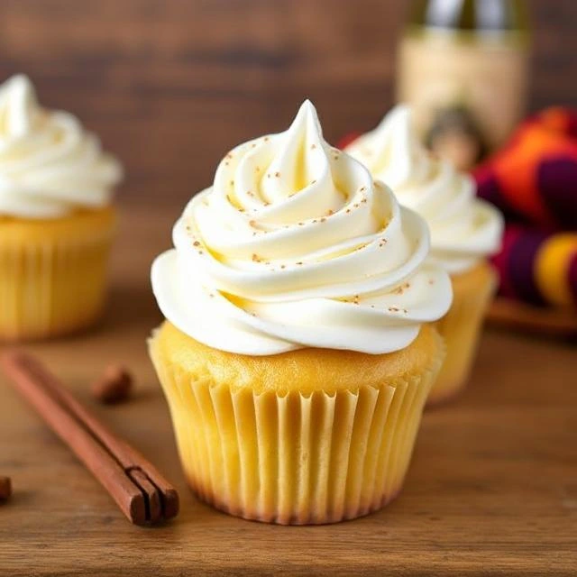"Whimsical Butterbeer cupcakes topped with foamy vanilla frosting and a golden drizzle, showcasing a Harry Potter-inspired guide with creative variations and expert decorating ideas."
