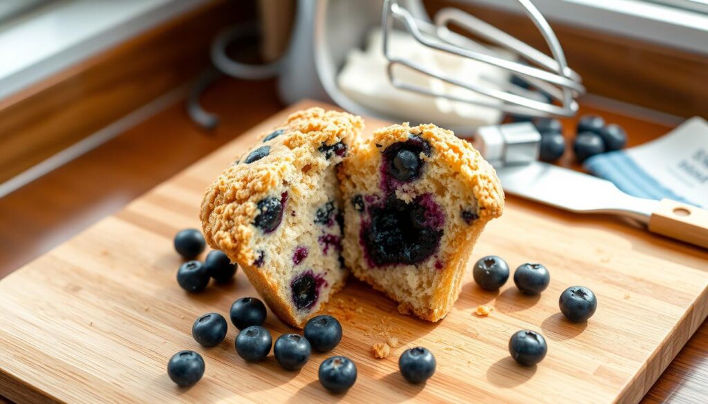 A bakery-style blueberry muffin with a crumbly, golden brown top sits on a wooden cutting board. The muffin is sliced in half, revealing a moist, fluffy interior with a swirl of deep blue-purple blueberry compote. Scattered around the muffin are a few stray blueberries, an electric mixer, and a spatula, indicating a baking mishap. The scene is lit by soft, natural light from a nearby window, casting warm shadows and highlights. The overall mood is one of a home baking experiment gone slightly awry, but still delicious. COHESIVERECIPES.