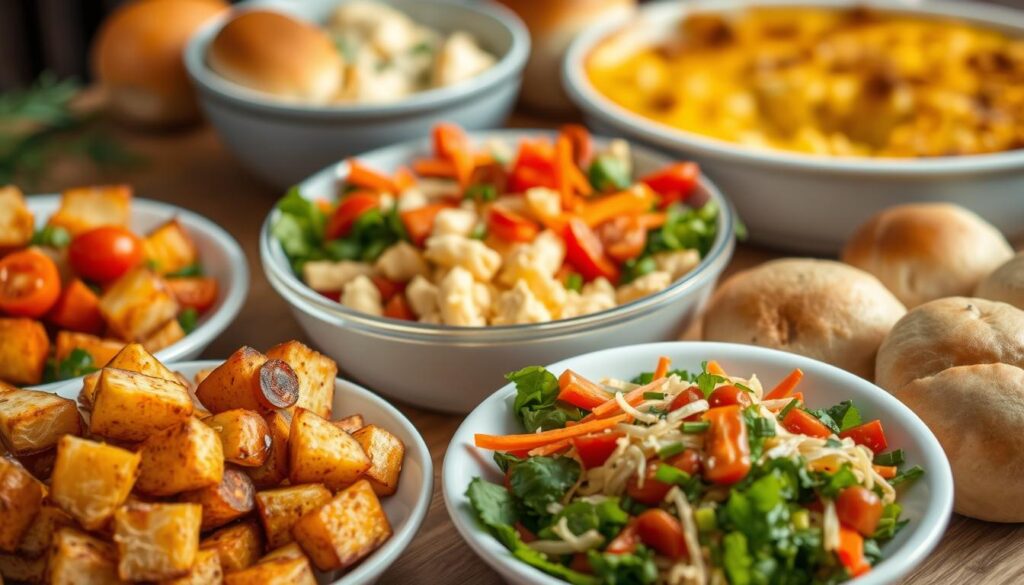 A bountiful spread of side dishes to complement the indulgent Chicken Kiev, captured in a warm, inviting setting. In the foreground, a platter of golden-brown roasted potatoes, their crisp exteriors giving way to fluffy interiors. Beside them, a vibrant salad of mixed greens, cherry tomatoes, and shredded carrots, dressed in a tangy vinaigrette. In the middle ground, a bowl of buttery mashed potatoes, their creamy texture punctuated by chives. In the background, a casserole dish of baked macaroni and cheese, its golden-brown crust beckoning. Soft, pillowy dinner rolls complete the spread, inviting the diner to savor every bite. Captured through a warm, soft-focus lens, this scene evokes the comforting essence of a COHESIVERECIPES home-cooked meal.