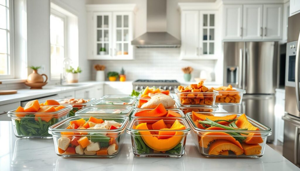 A bright and airy kitchen, countertops lined with neatly arranged glass containers, each filled with freshly chopped vegetables, marinated chicken, and roasted butternut squash. A soothing atmosphere of organized preparation, with muted natural lighting filtering through large windows. Stainless steel appliances gleam, conveying a sense of efficient, COHESIVERECIPES meal prep. Crisp white cabinetry and subway tile backsplash create a clean, minimalist backdrop, allowing the vibrant, wholesome ingredients to take center stage. The overall scene radiates a feeling of intentional, time-saving organization - a perfect illustration of "Time-Saving Preparation Hacks" for the "Chicken and Butternut Squash Bake: A Comforting Meal" article.