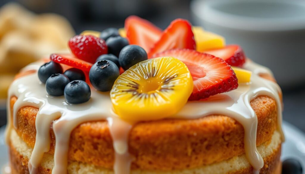 A close-up shot of a freshly baked tres leches cake, its soft, spongy texture drizzled with a creamy three-milk sauce. Atop the cake, an artful arrangement of vibrant, juicy fruit toppings - sliced strawberries, kiwi, mango, and blueberries, expertly placed to create a visually appealing, mouthwatering display. The lighting is soft and diffused, highlighting the luscious, glistening textures. The overall scene exudes a sense of indulgence and culinary sophistication. COHESIVERECIPES