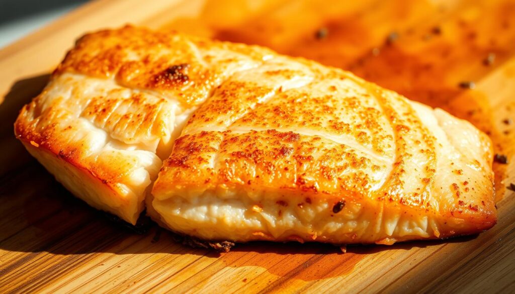 A close-up shot of a pan-seared red fish fillet with a golden, crispy crust, glistening under warm, natural lighting. The fish sits atop a wooden cutting board, its moist, flaky flesh contrasting with the crackly skin. Subtle shadows add depth, highlighting the three-dimensional texture. The image conveys the appetizing essence of a quick, flavorful dish, perfect for a weeknight dinner. COHESIVERECIPES