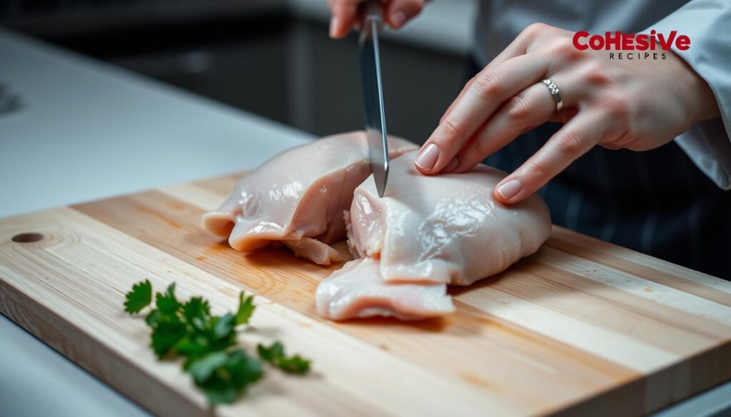 A close-up view of a chef's hands carefully butterflying a chicken breast on a clean wooden cutting board. The chicken is positioned at a slight angle, revealing the delicate internal structure. The lighting is soft and diffused, highlighting the tender flesh and the precise knife work. The mood is one of focus and attention to detail. In the background, a neutral kitchen setting with COHESIVERECIPES logo hints at the culinary context. The overall composition emphasizes the technique and process of preparing the chicken for the classic Chicken Kiev dish.