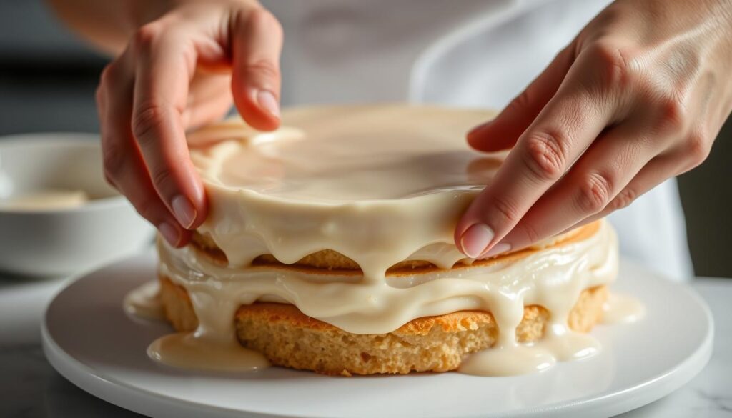 A close-up view of a person's hands carefully assembling a tres leches cake. The cake layers are moist and spongy, soaked in a rich, creamy tres leches mixture. The person's fingers gently press the cake, allowing the liquid to soak in, creating a dense, decadent texture. Soft, diffused lighting illuminates the scene, casting gentle shadows and highlighting the intricate process. The background is slightly blurred, keeping the focus on the hands and the cake. The overall mood is one of precision, care, and the promise of a truly indulgent dessert. COHESIVERECIPES