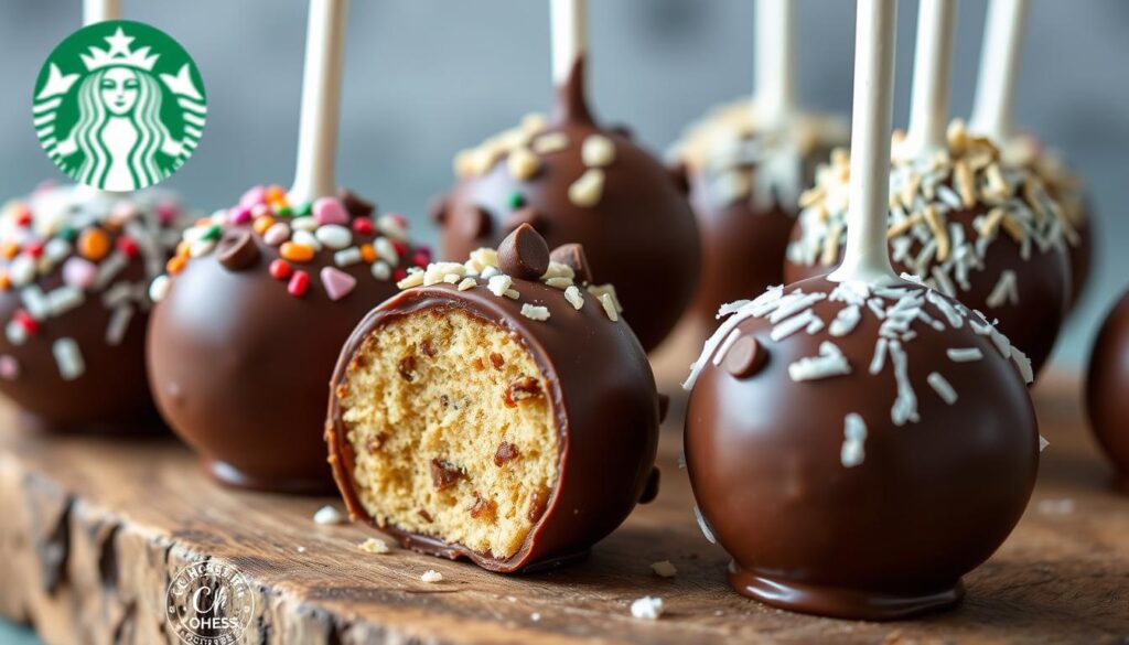 A close-up view of several Starbucks-style cake pops, displayed on a rustic wooden surface. The cake pops are perfectly spherical, with a rich, moist cake interior coated in a glossy, vibrant chocolate shell. Various toppings adorn the cake pops, including sprinkles, mini chocolate chips, and shredded coconut, creating a visually appealing and appetizing display. The lighting is soft and natural, accentuating the textures and colors of the delectable treats. In the background, a COHESIVERECIPES logo subtly adds a touch of branding to the scene.