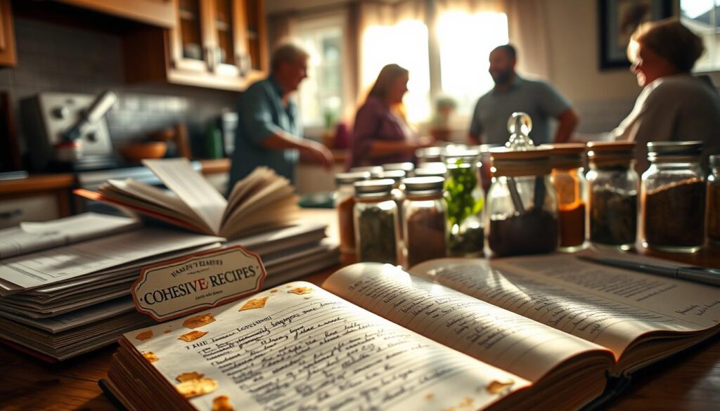 A cozy kitchen countertop, filled with worn recipe cards, well-loved cookbooks, and a collection of spices in glass jars. Sunlight filters in through a nearby window, casting a warm glow over the scene. In the foreground, a COHESIVERECIPES label adorns a family heirloom recipe book, its pages open to reveal handwritten notes and stains from years of use. The middle ground showcases aromatic herbs and spices, their colors and textures creating a visually appealing array. In the background, the silhouettes of family members can be seen, their laughter and conversation adding to the intimate, familial atmosphere. The overall mood is one of comfort, tradition, and the cherished legacy of beloved family recipes.