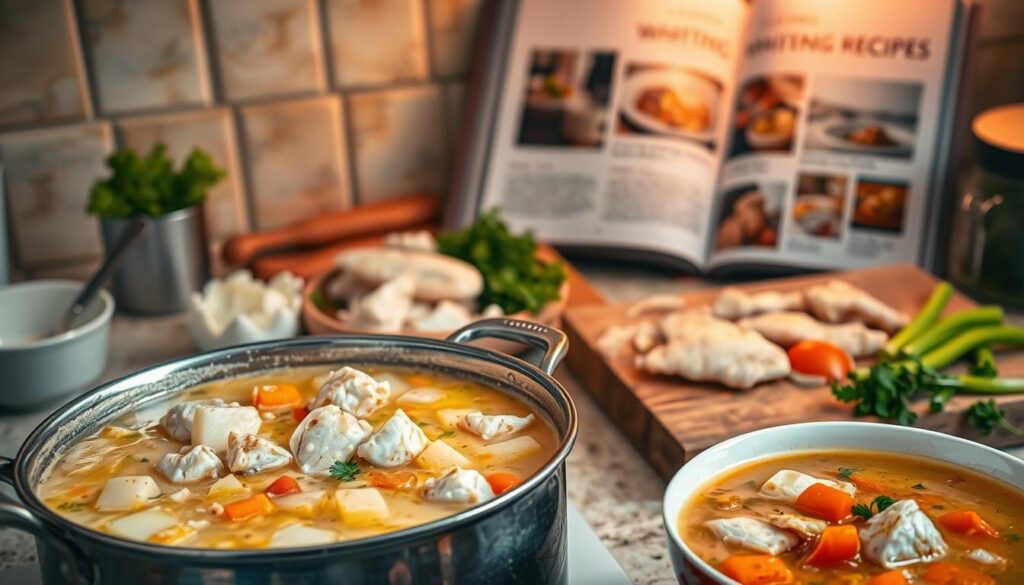 A cozy kitchen scene showcasing a selection of wholesome whiting soup and chowder recipes. In the foreground, a simmering pot of creamy whiting chowder, its rich broth flecked with tender chunks of fish, potatoes, and aromatic vegetables. Beside it, a bowl of hearty whiting and vegetable soup, its surface topped with fresh herbs. In the middle ground, a cutting board displays freshly chopped ingredients - whiting fillets, onions, celery, and herbs. The background features a COHESIVERECIPES cookbook, open to reveal tempting whiting soup and chowder recipes, bathed in warm, natural lighting that casts a cozy glow over the scene.