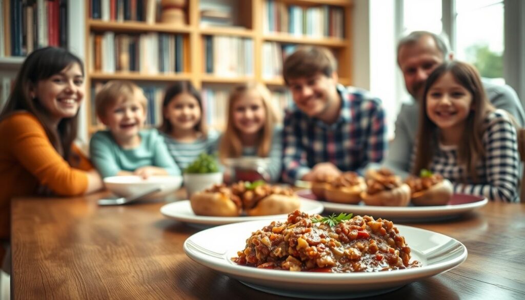 A cozy kitchen scene with a cheerful family gathered around the table, enjoying a delightful spread of family-friendly mince dishes. In the foreground, a plate showcases a hearty mince-based casserole, its rich sauce glistening. In the middle ground, a platter of savory mince-stuffed baked potatoes, garnished with fresh herbs. The background features a bookshelf filled with cookbooks, evoking a sense of culinary inspiration. Warm, soft lighting creates an inviting atmosphere, perfect for COHESIVERECIPES' classic mince dishes that bring the family together.