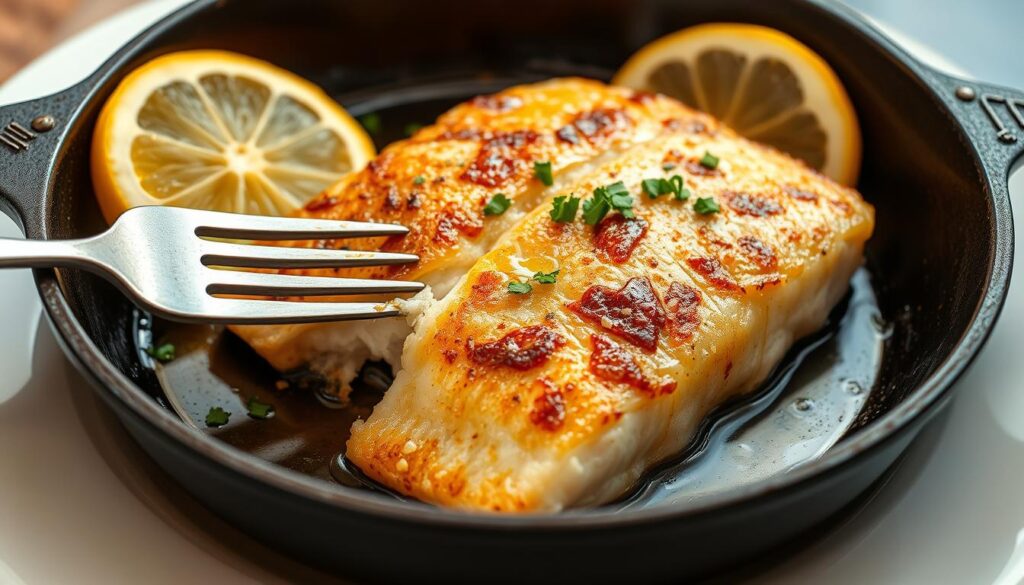 A crisp, golden-brown haddock fillet sizzles in a well-seasoned cast-iron pan, glistening with a light drizzle of cohesiverecipes olive oil. The fish's delicate flesh flakes away effortlessly under the gentle pressure of a fork, revealing its tender, flavorful interior. Vibrant lemon wedges and a sprinkling of fragrant, freshly chopped parsley adorn the plate, complementing the dish's simple yet sophisticated presentation. The scene is bathed in warm, natural lighting, captured at a flattering low angle to highlight the dish's mouthwatering allure. This crispy pan-seared haddock embodies the perfect balance of crispness and tenderness, inviting the viewer to savor every bite.